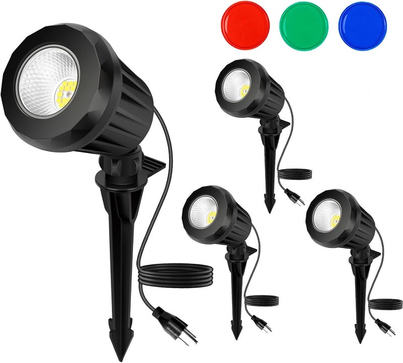 Holeva Spotlight Outdoor – 120V Plug-in, 2700K Warm White LED Landscape Spot Lights with RGB 3 Lenses for Yard, Garden, Lawn&Tree Decor, IP67 Waterproof, Perfect for Holidays&Everyday (4 Pack, Black) - Image 1